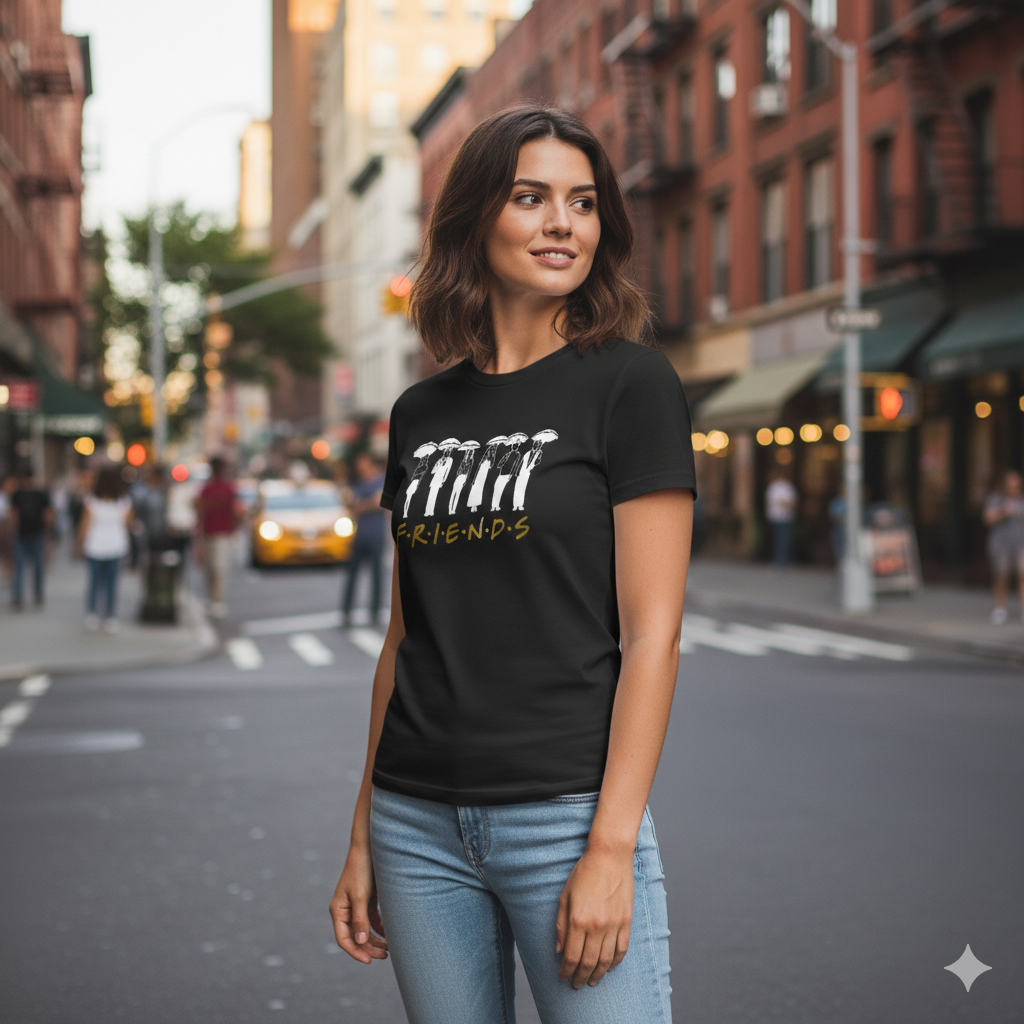 Polera Negra Serie Friends en Dorado Estampada 100% Algodón Estilo-4