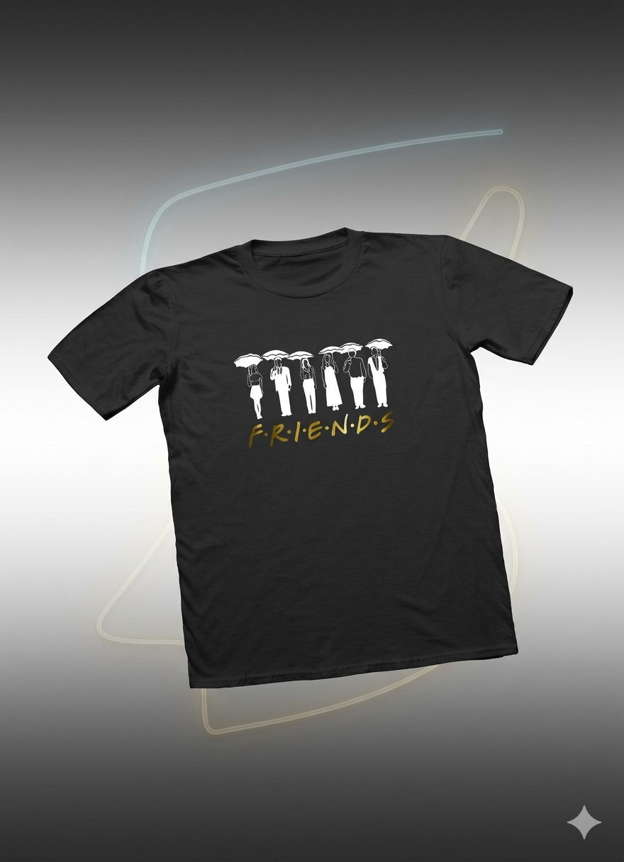Polera Negra Serie Friends en Dorado Estampada 100% Algodón Estilo-0