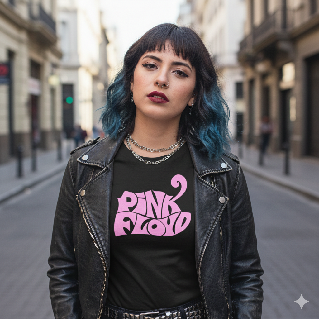Polera Negra Pink Floyd Retro en Rosado Estampada 100% Algodón Estilo Rock-3