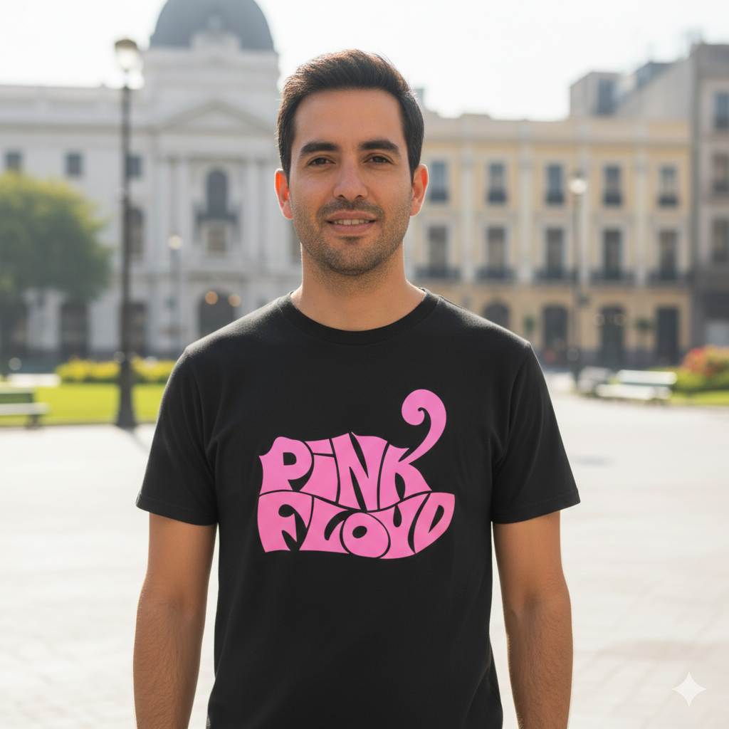 Polera Negra Pink Floyd Retro en Rosado Estampada 100% Algodón Estilo Rock-4