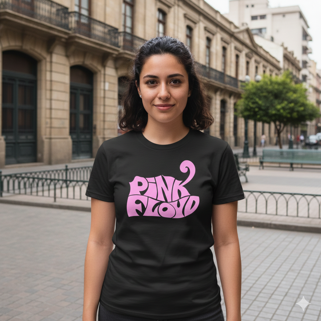 Polera Negra Pink Floyd Retro en Rosado Estampada 100% Algodón Estilo Rock-5