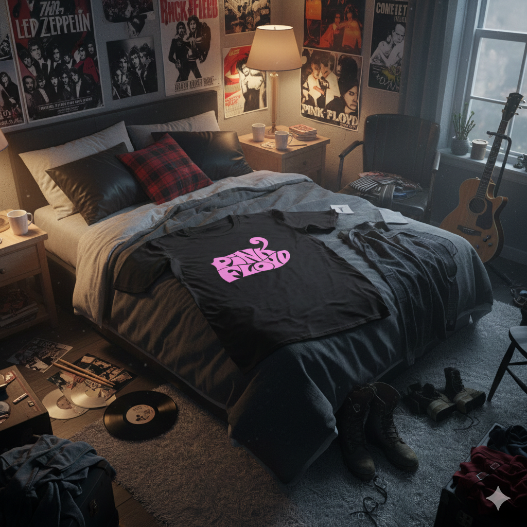 Polera Negra Pink Floyd Retro en Rosado Estampada 100% Algodón Estilo Rock-6