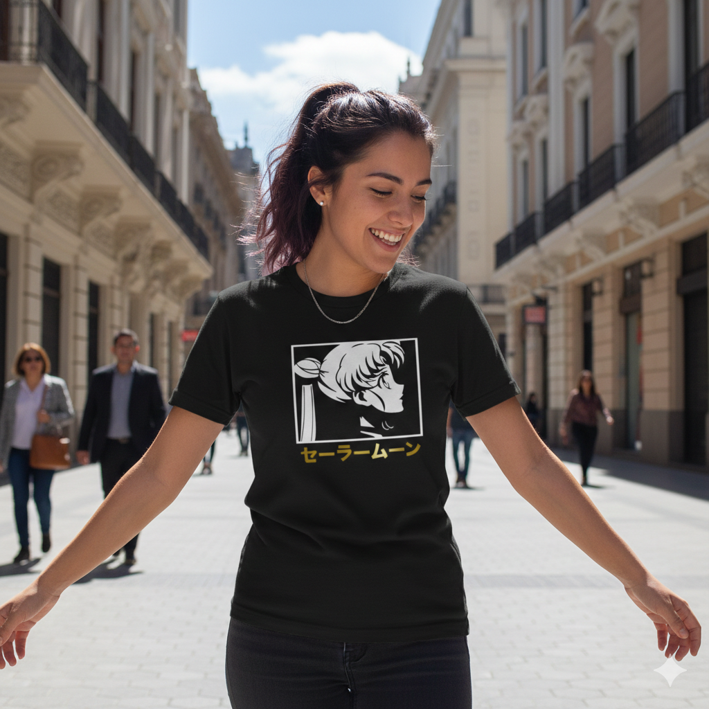 Polera Negra Sailor Moon Texto en Japonés en Dorado Estampada 100% Algodón Estilo Animé-2