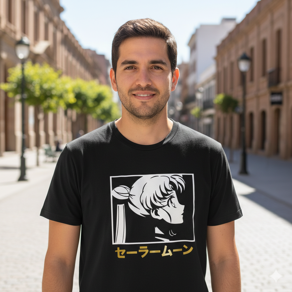 Polera Negra Sailor Moon Texto en Japonés en Dorado Estampada 100% Algodón Estilo Animé-3