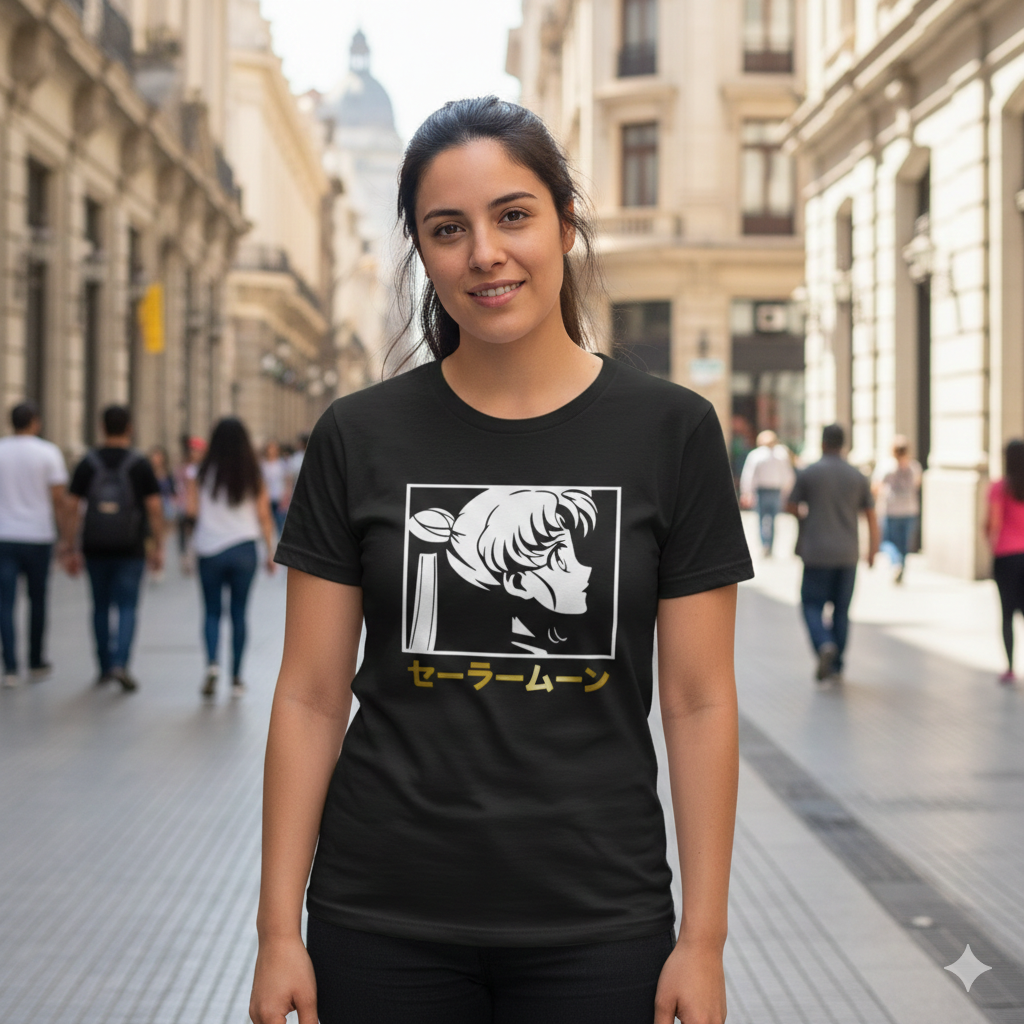 Polera Negra Sailor Moon Texto en Japonés en Dorado Estampada 100% Algodón Estilo Animé-4