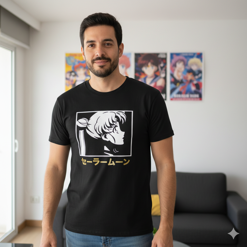 Polera Negra Sailor Moon Texto en Japonés en Dorado Estampada 100% Algodón Estilo Animé-5