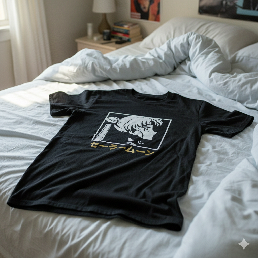 Polera Negra Sailor Moon Texto en Japonés en Dorado Estampada 100% Algodón Estilo Animé-6