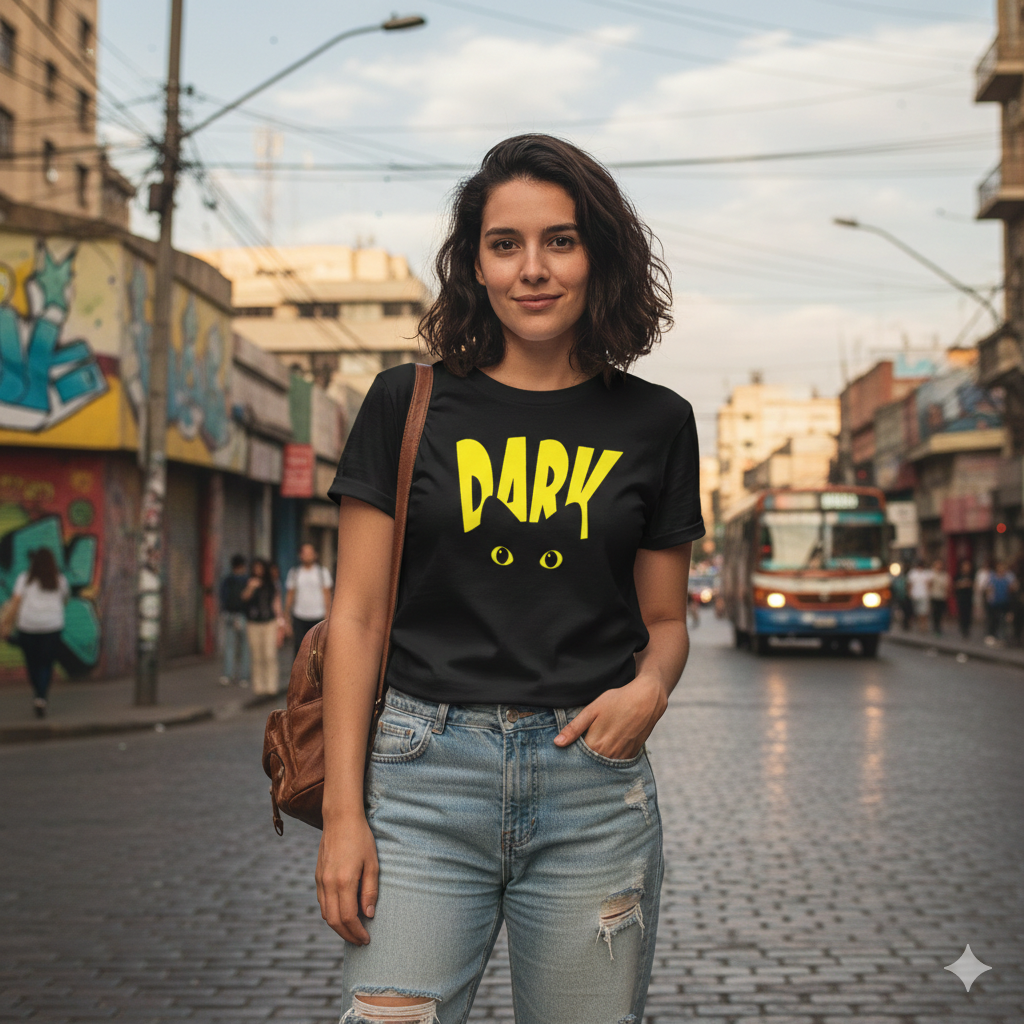 Polera Negra Dark Cat / Gato Negro Estampada 100% Algodón Estilo Michis-2