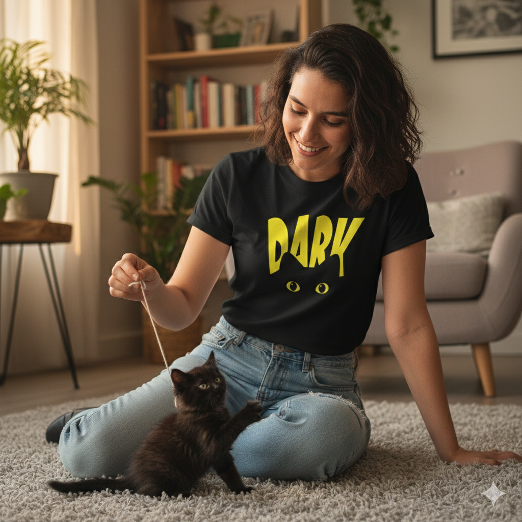 Polera Negra Dark Cat / Gato Negro Estampada 100% Algodón Estilo Michis-4