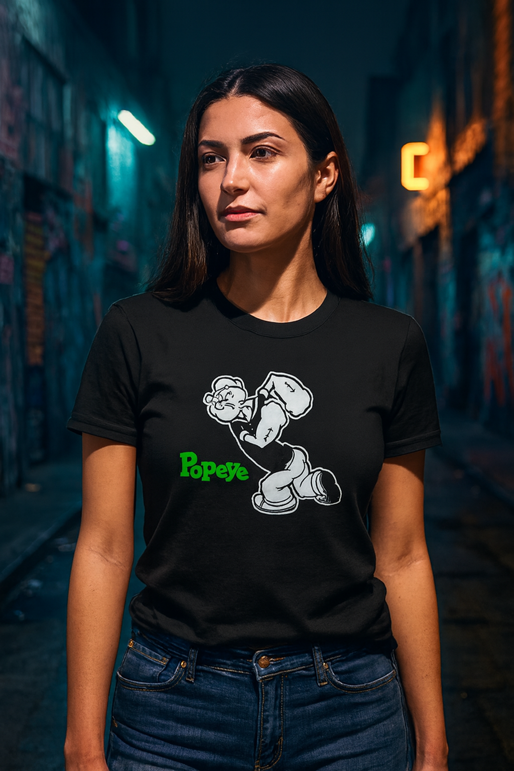 Polera Negra Popeye Estampada 100% Algodón Estilo Retro-3