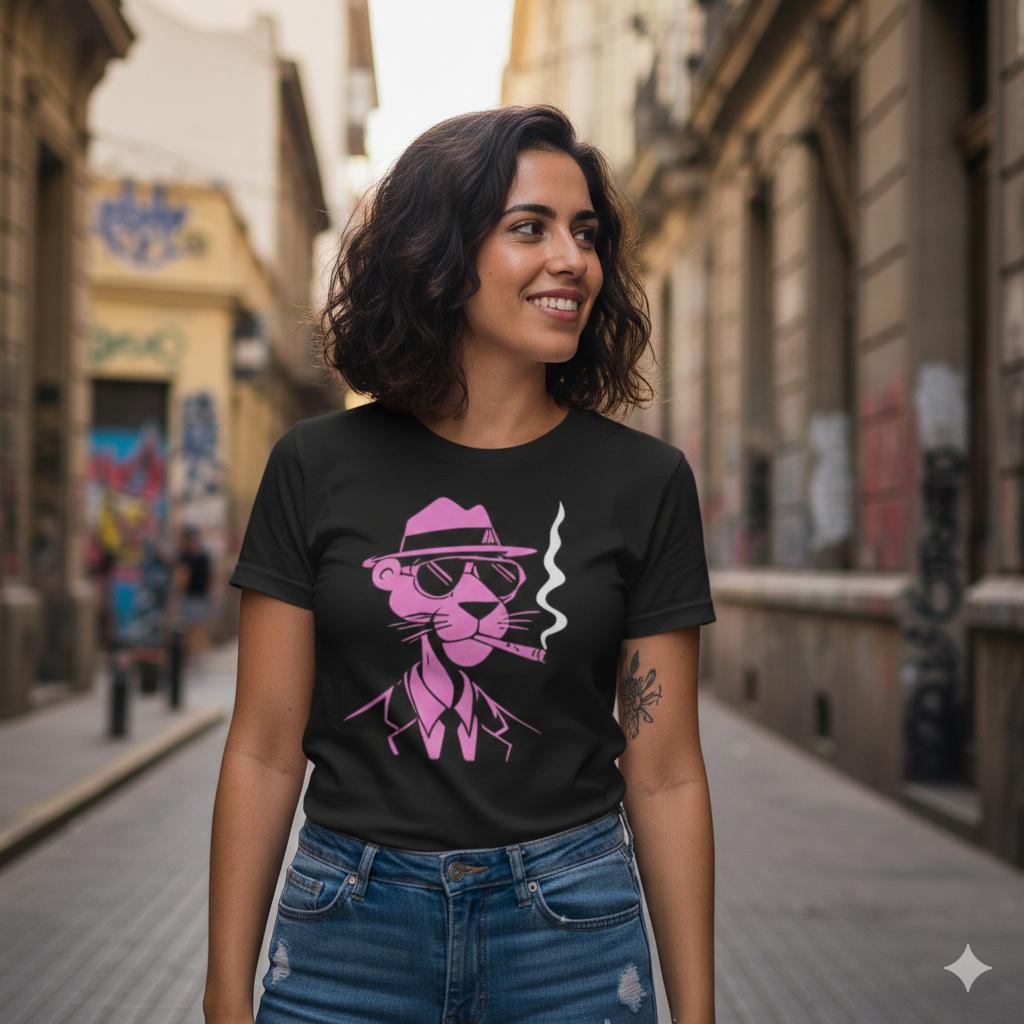Polera Negra Pantera Rosa Smoking Estampada 100% Algodón Estilo Retro-2