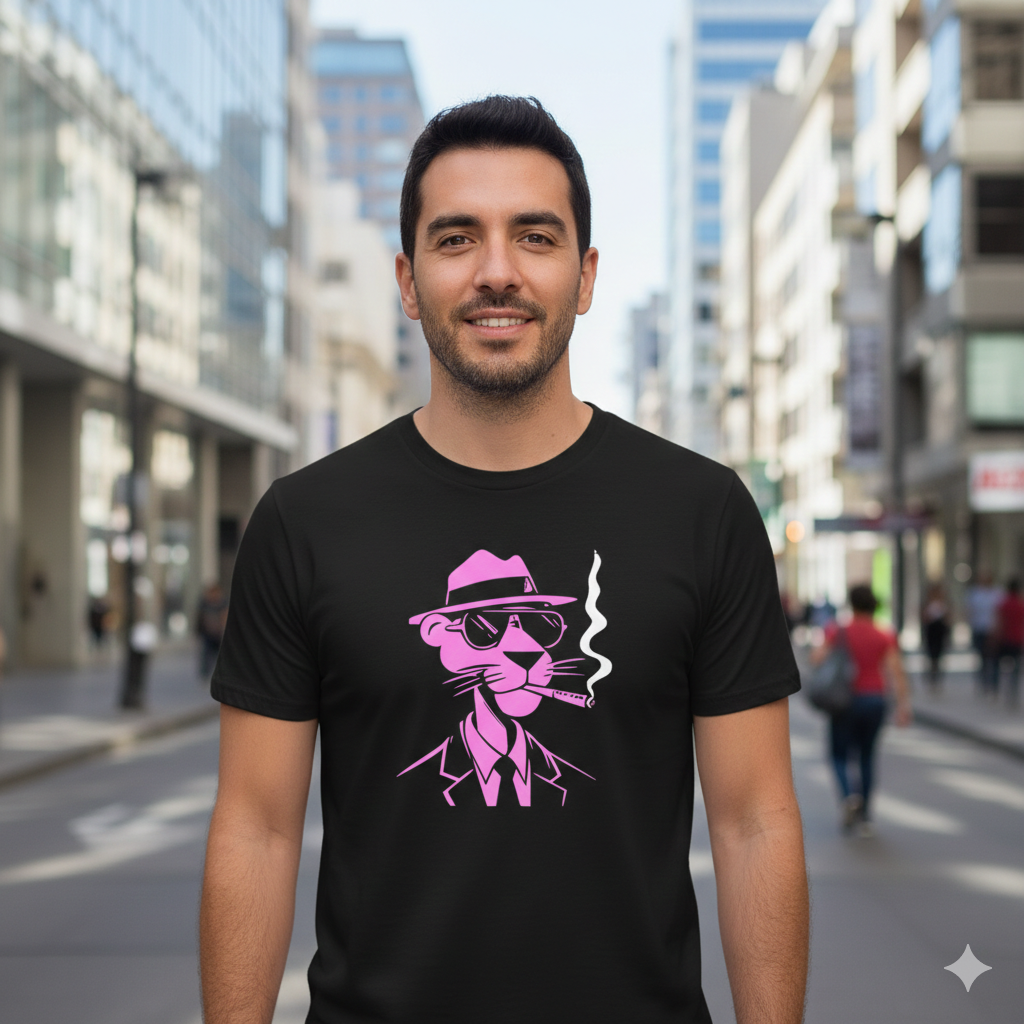 Polera Negra Pantera Rosa Smoking Estampada 100% Algodón Estilo Retro-3