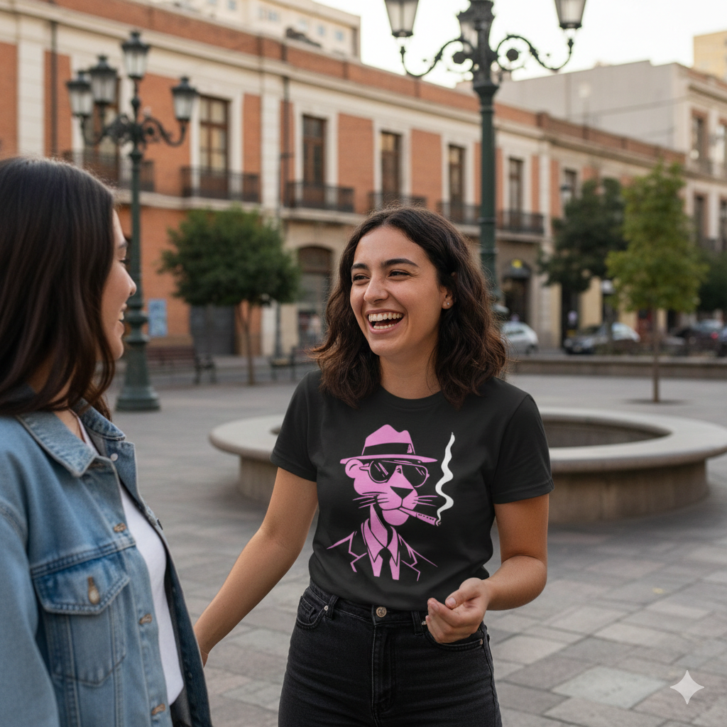 Polera Negra Pantera Rosa Smoking Estampada 100% Algodón Estilo Retro-4