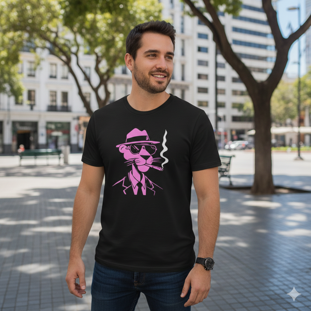 Polera Negra Pantera Rosa Smoking Estampada 100% Algodón Estilo Retro-5
