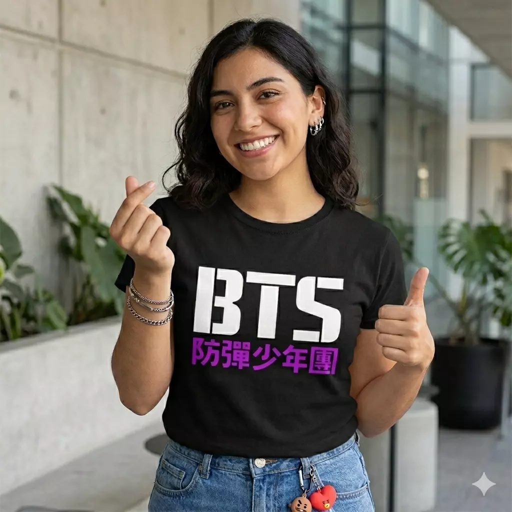 Polera Negra BTS Logo Koreano Estampada 100% Algodón Estilo K-POP-2