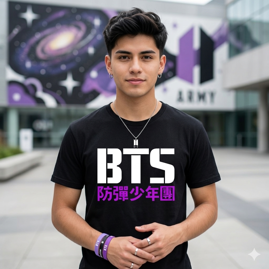 Polera Negra BTS Logo Koreano Estampada 100% Algodón Estilo K-POP-3