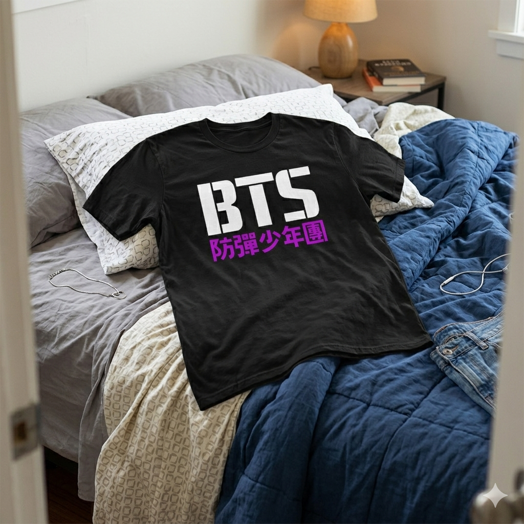 Polera Negra BTS Logo Koreano Estampada 100% Algodón Estilo K-POP-5