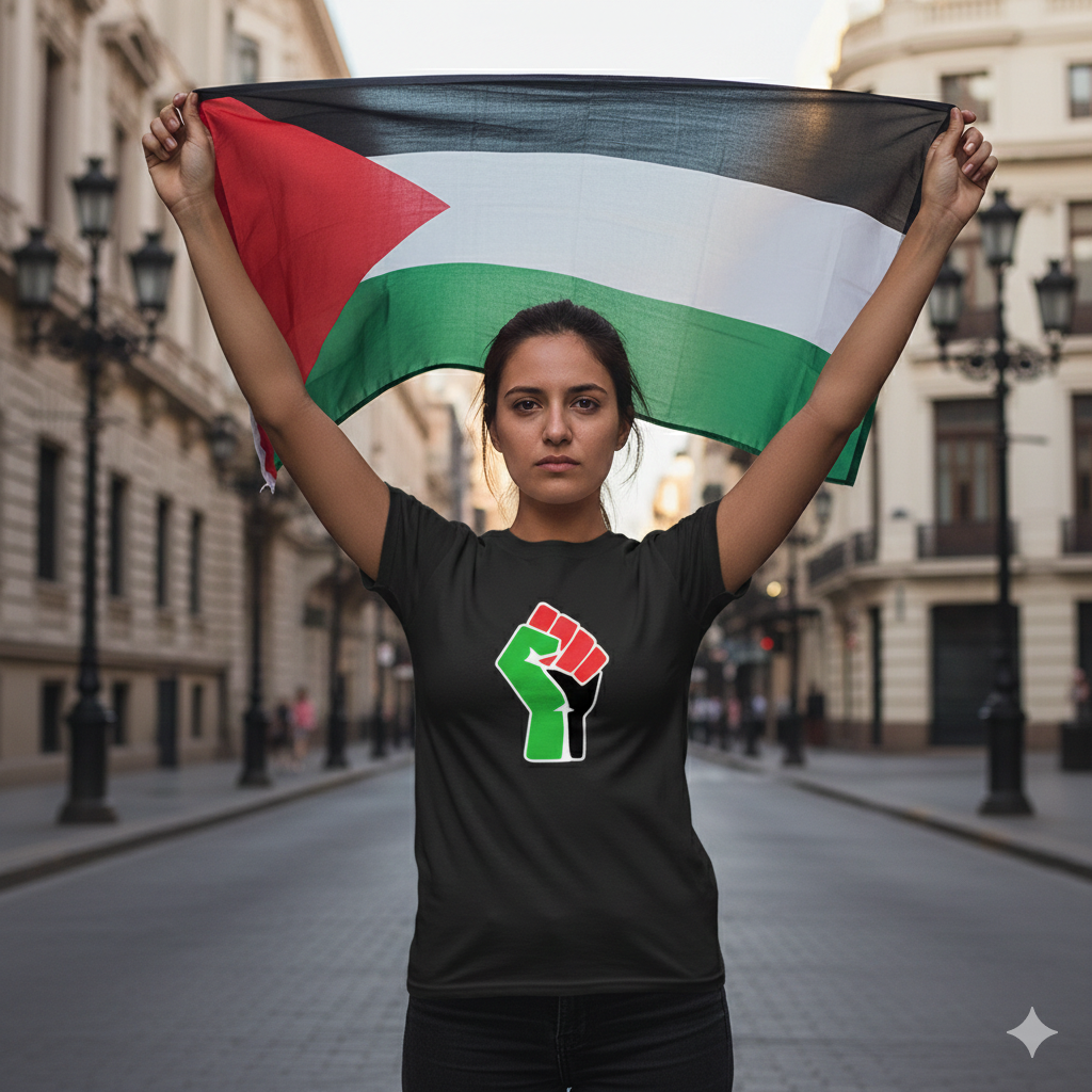 Polera Negra Puño Palestina Libre Estampada 100% Algodón-2