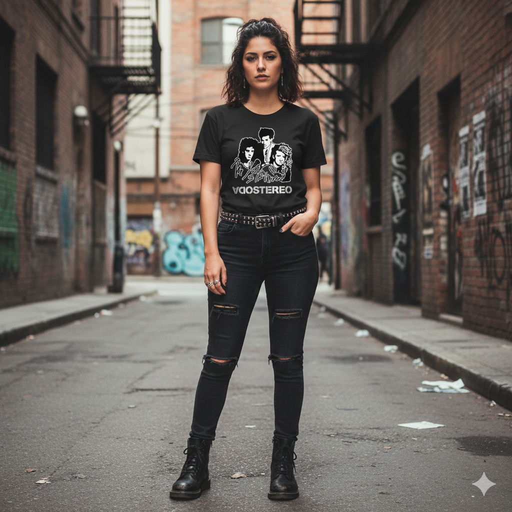 Polera Negra Soda Stereo Integrantes en Plateado Estampada 100% Algodón Estilo Rock Argentino-2