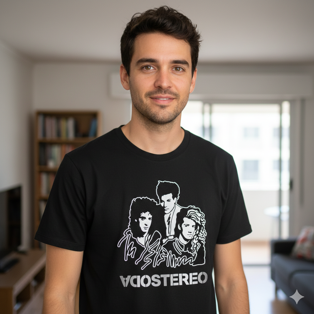 Polera Negra Soda Stereo Integrantes en Plateado Estampada 100% Algodón Estilo Rock Argentino-3