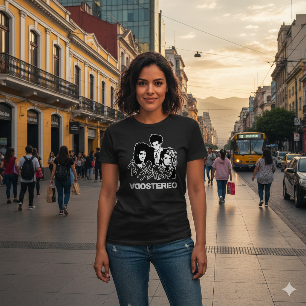 Polera Negra Soda Stereo Integrantes en Plateado Estampada 100% Algodón Estilo Rock Argentino-4