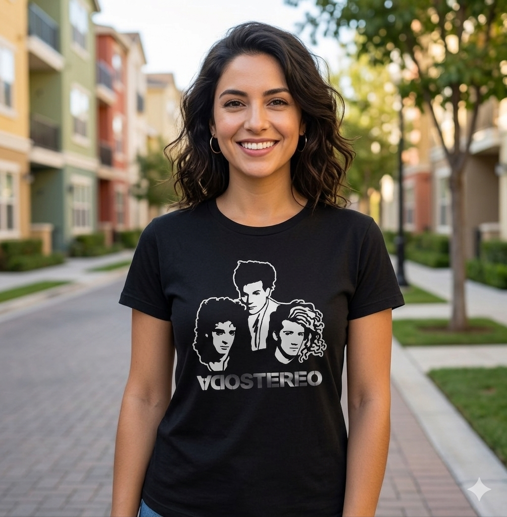 Polera Negra Soda Stereo Integrantes en Plateado Estampada 100% Algodón Estilo Rock Argentino-3