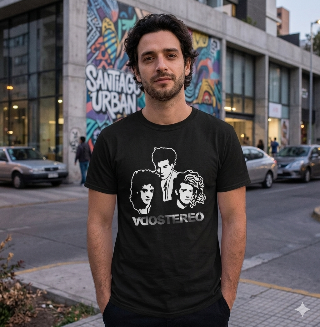 Polera Negra Soda Stereo Integrantes en Plateado Estampada 100% Algodón Estilo Rock Argentino-4