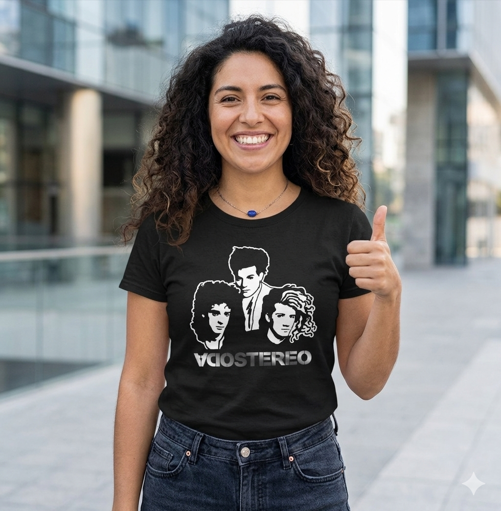 Polera Negra Soda Stereo Integrantes en Plateado Estampada 100% Algodón Estilo Rock Argentino-5