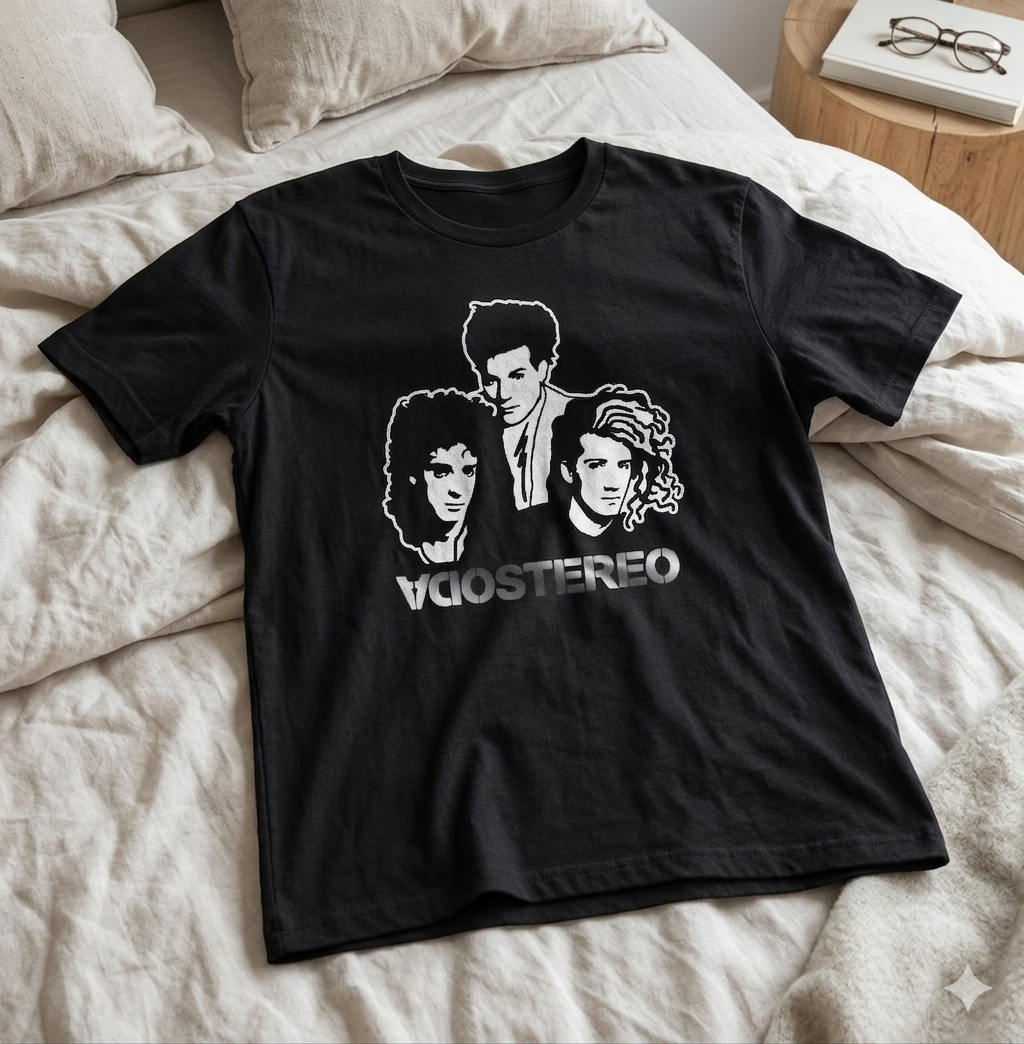 Polera Negra Soda Stereo Integrantes en Plateado Estampada 100% Algodón Estilo Rock Argentino-6