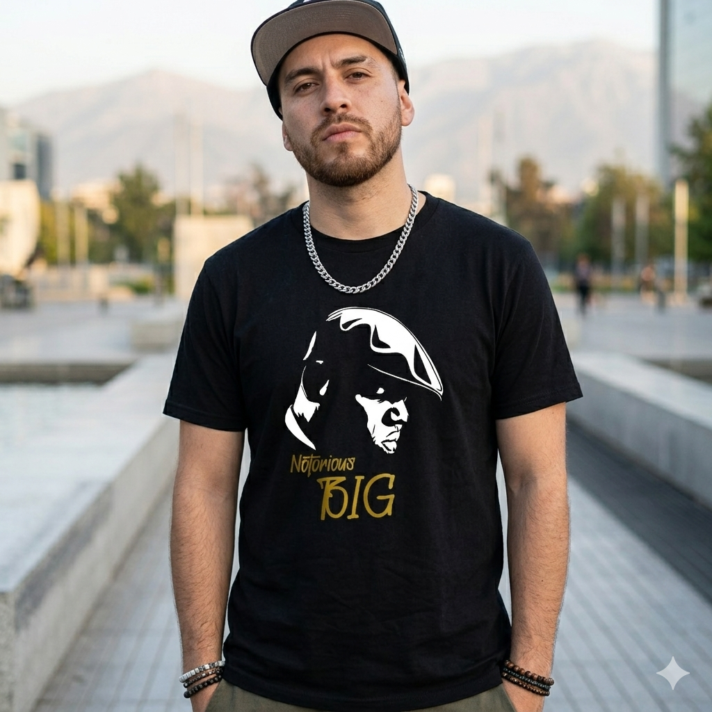 Polera Negra Notorious BIG con dorado Estampada 100% Algodón Estilo Hip Hop-2