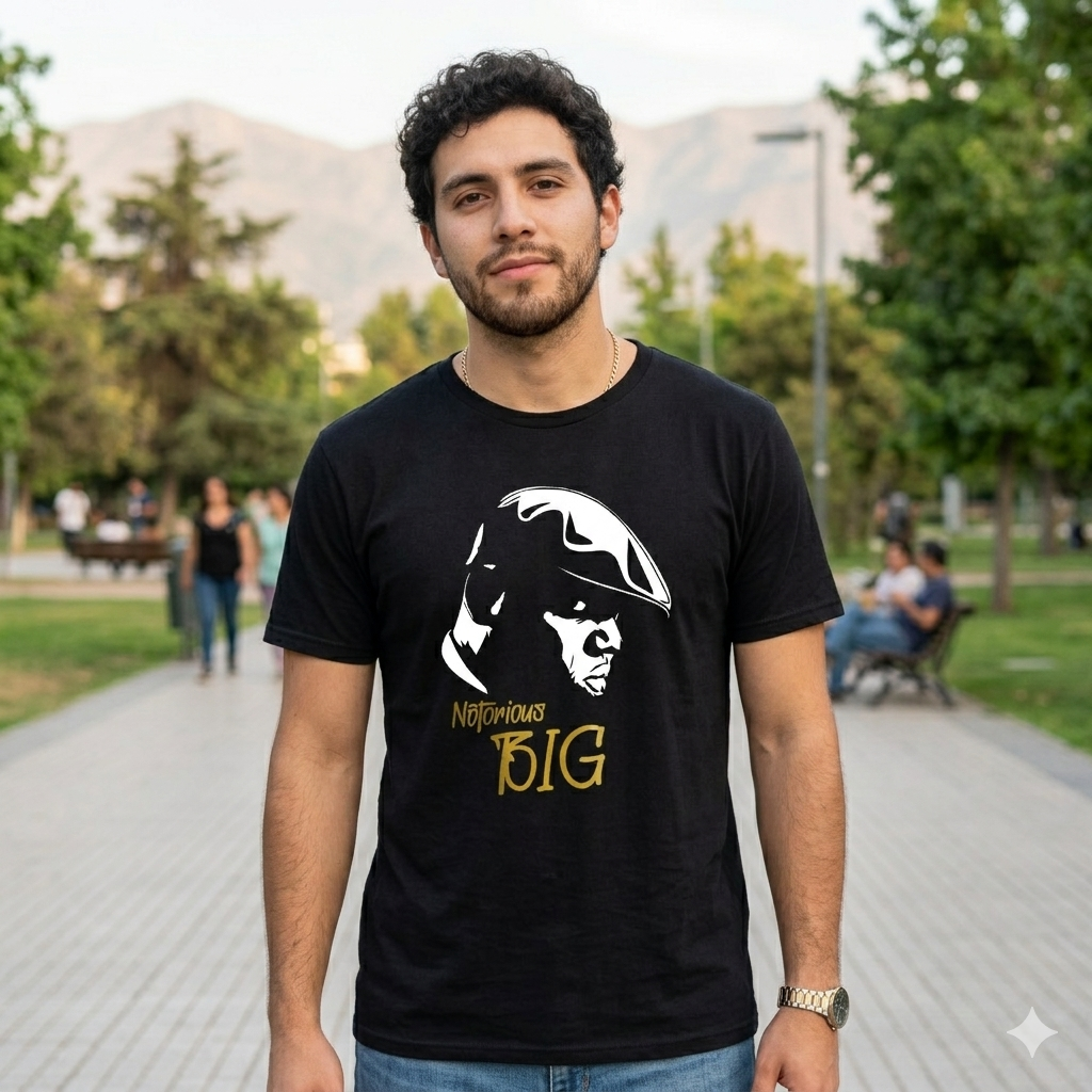 Polera Negra Notorious BIG con dorado Estampada 100% Algodón Estilo Hip Hop-4