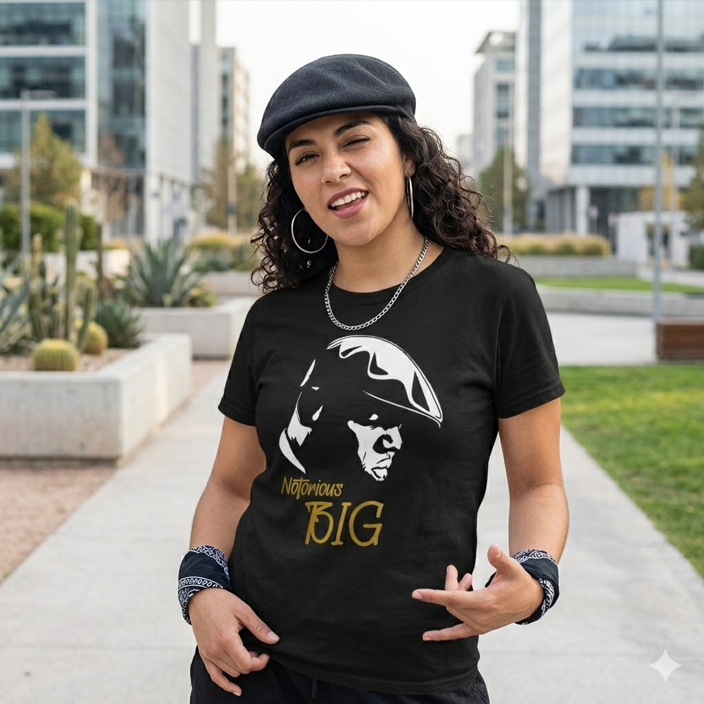 Polera Negra Notorious BIG con dorado Estampada 100% Algodón Estilo Hip Hop-5