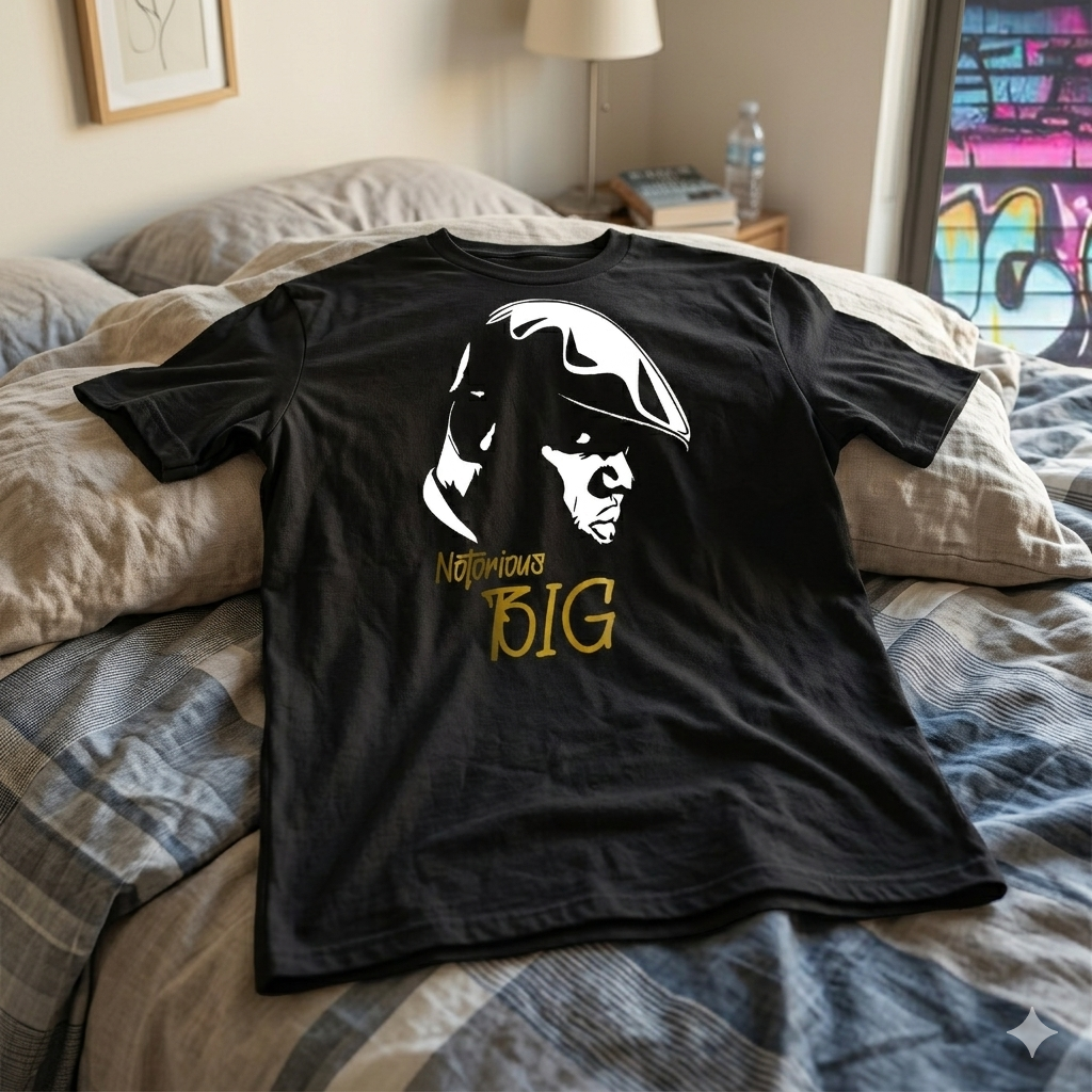 Polera Negra Notorious BIG con dorado Estampada 100% Algodón Estilo Hip Hop-6