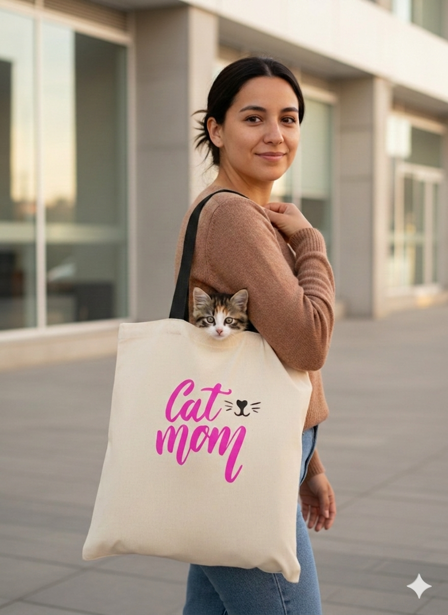 Tote Bag Asas Negras Cat Mom Estampado 38x42 Cm Algodón Cat Lover-3