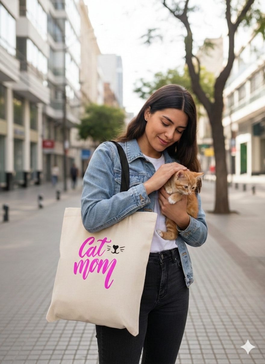 Tote Bag Asas Negras Cat Mom Estampado 38x42 Cm Algodón Cat Lover-4