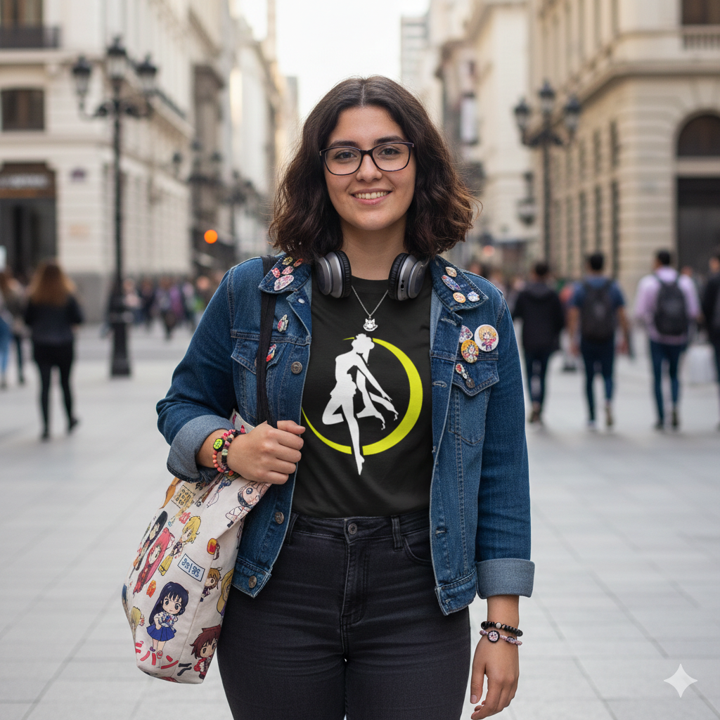 Polera Negra Sailor Moon silueta en amarillo Estampada 100% Algodón Estilo Animé-4