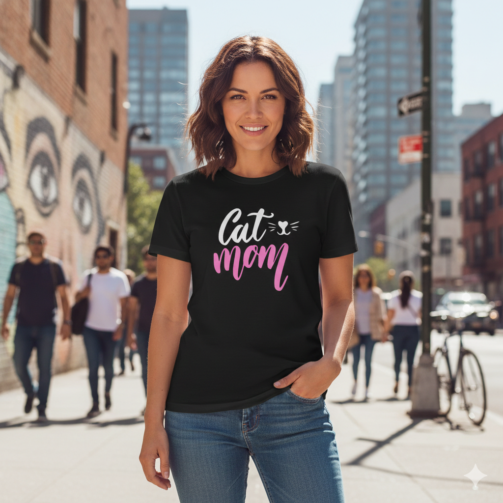 Polera Negra Cat Mom Estampada 100% Algodón estilo cat lover-2