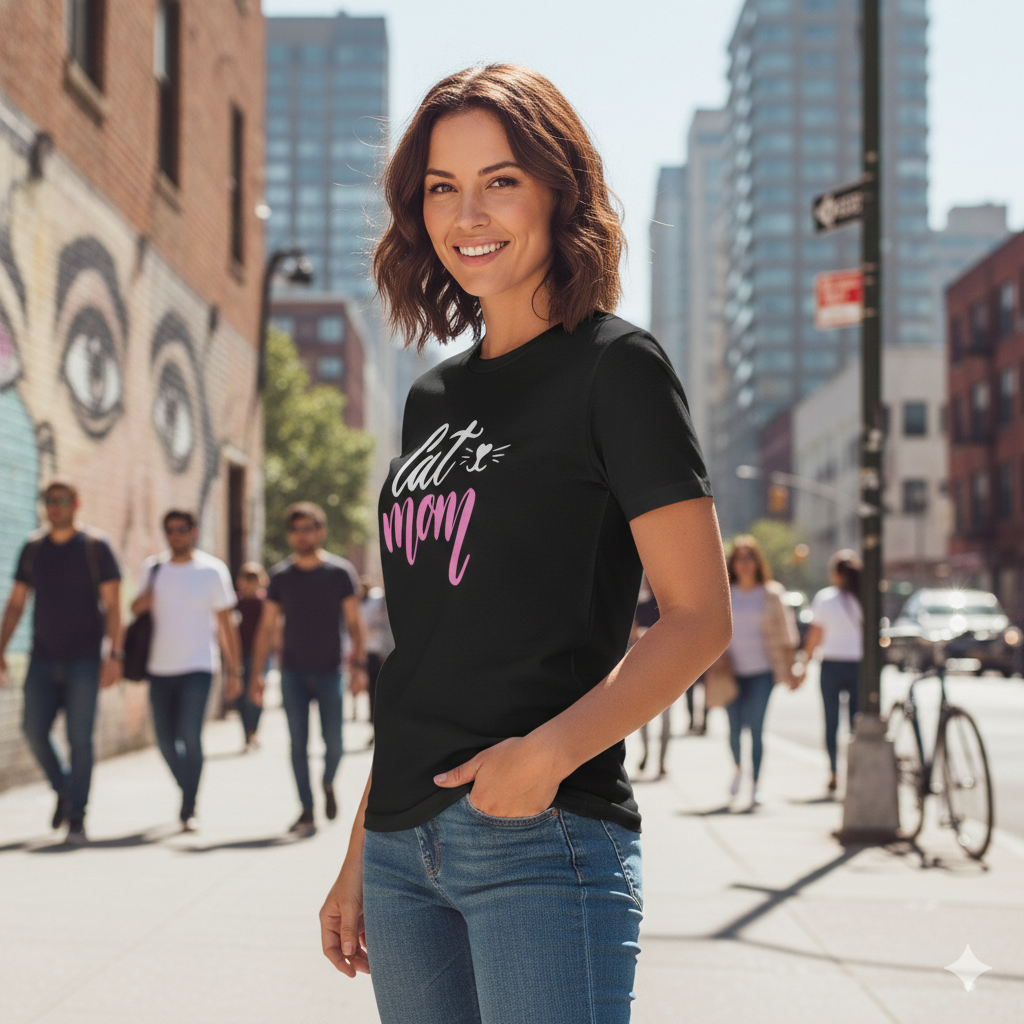 Polera Negra Cat Mom Estampada 100% Algodón estilo cat lover-3
