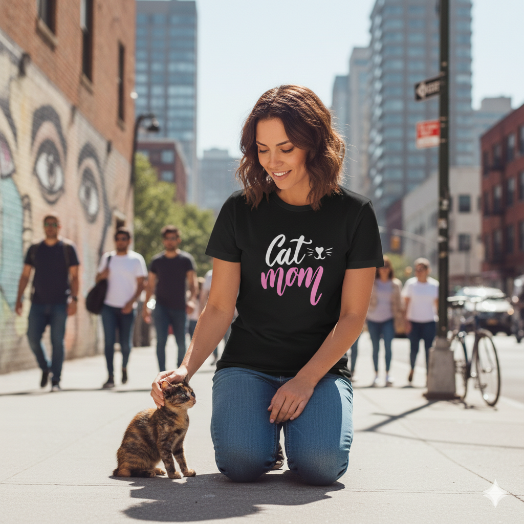 Polera Negra Cat Mom Estampada 100% Algodón estilo cat lover-4