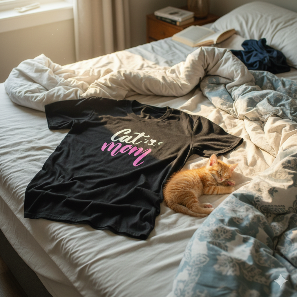 Polera Negra Cat Mom Estampada 100% Algodón estilo cat lover-6