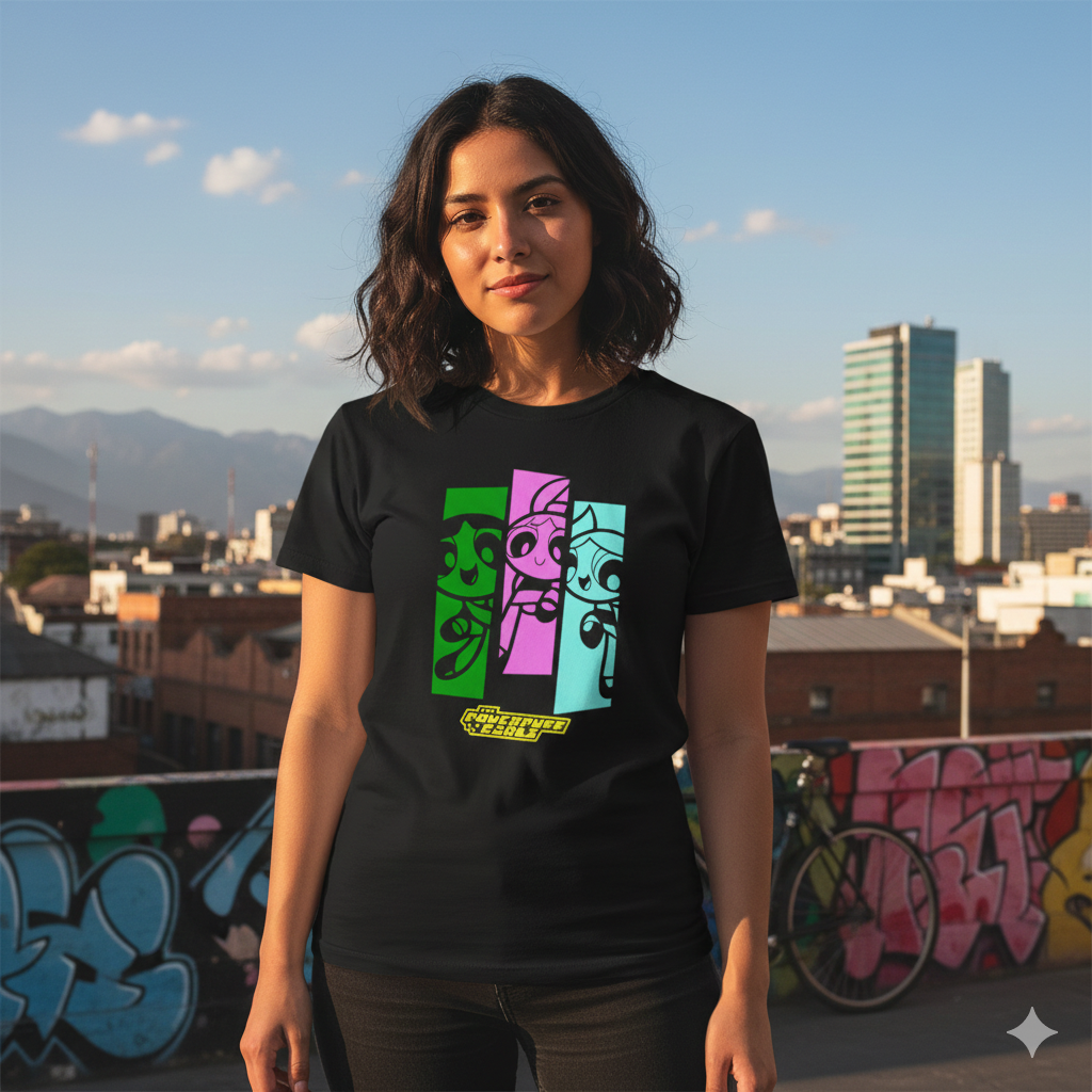 Polera Negra Las Chicas Superpoderosas Estampada 100% Algodón Estilo Cartoon-2