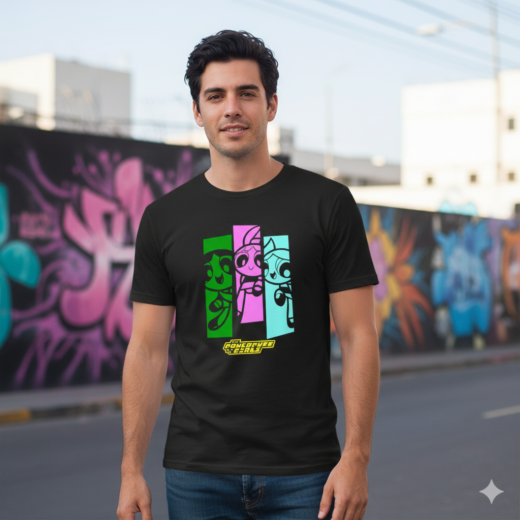 Polera Negra Las Chicas Superpoderosas Estampada 100% Algodón Estilo Cartoon-3