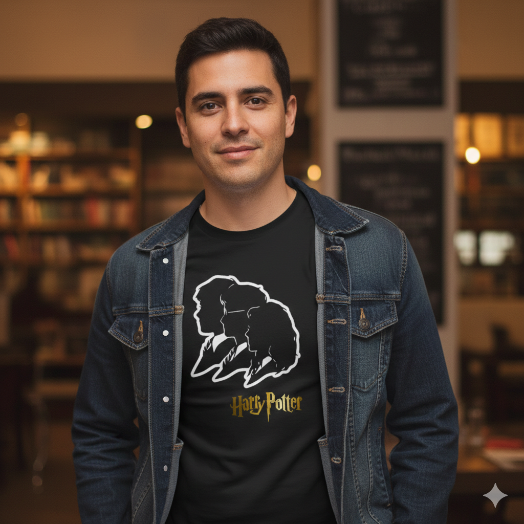 Polera Negra Harry Potter / El Trío de Oro Estampada 100% Algodón Estilo Películas-2