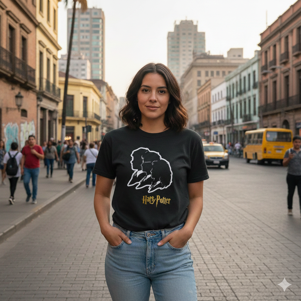 Polera Negra Harry Potter / El Trío de Oro Estampada 100% Algodón Estilo Películas-3