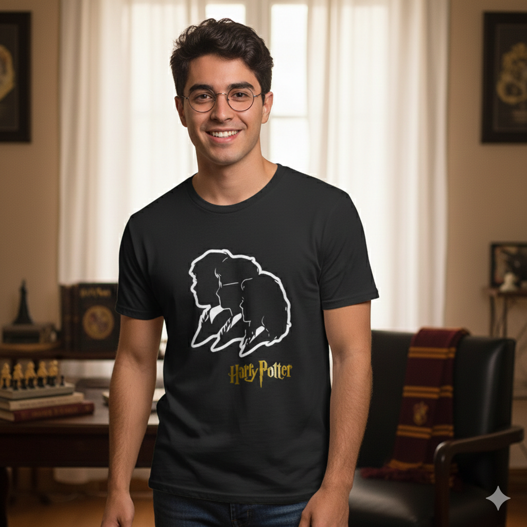 Polera Negra Harry Potter / El Trío de Oro Estampada 100% Algodón Estilo Películas-4