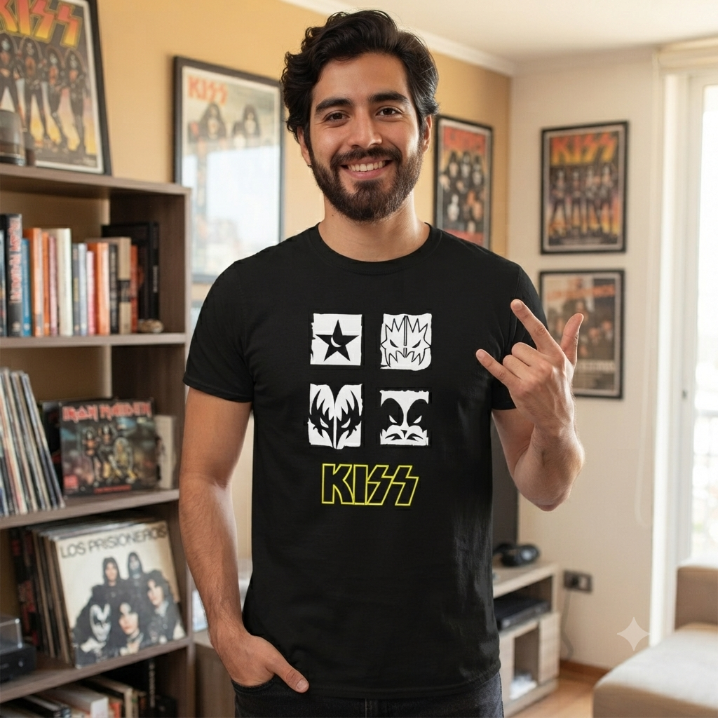 Polera Negra Kiss Integrantes Estampada 100% Algodón Estilo Rock-2