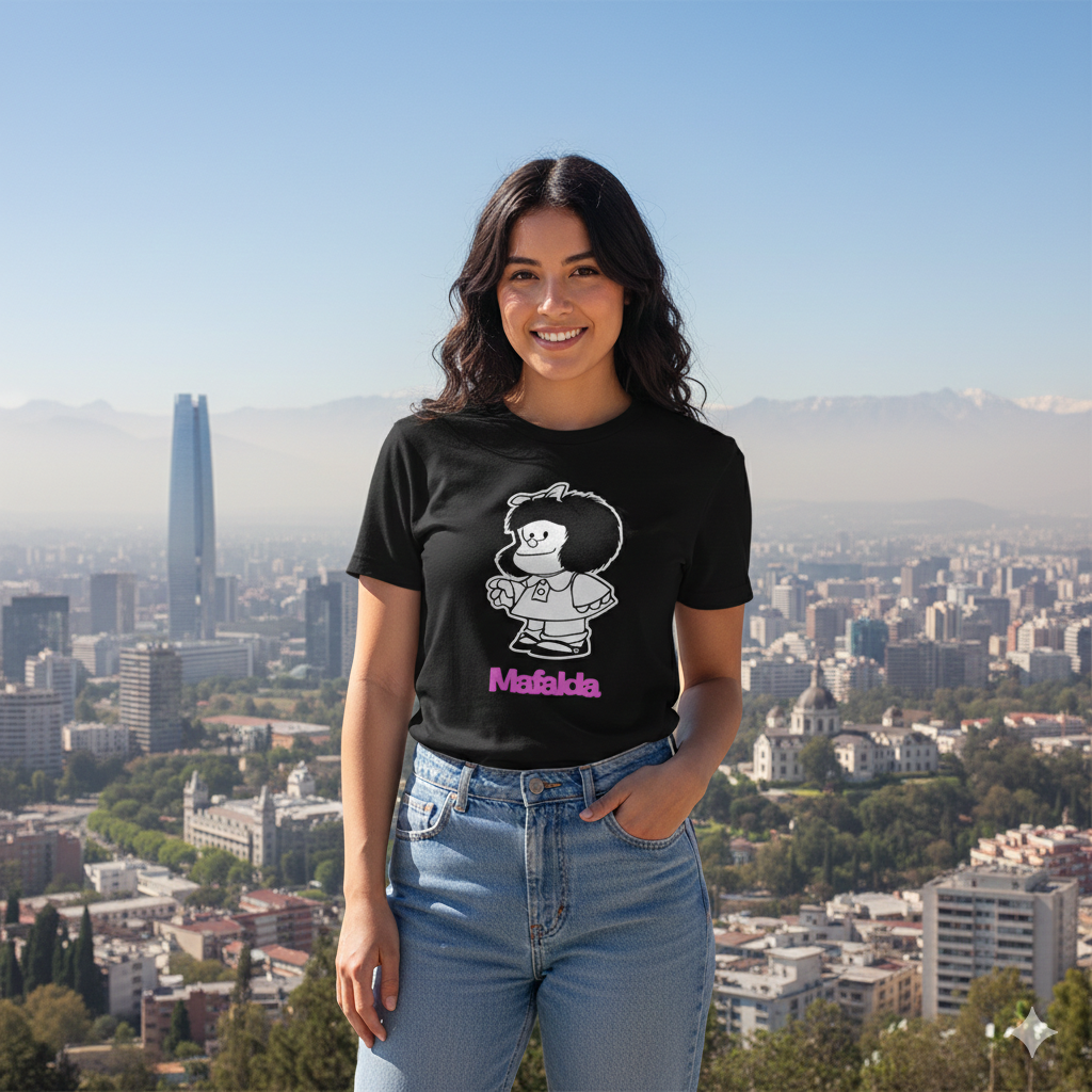 Polera Negra Mafalda en rosado Estampada 100% Algodón Estilo Vintage-2