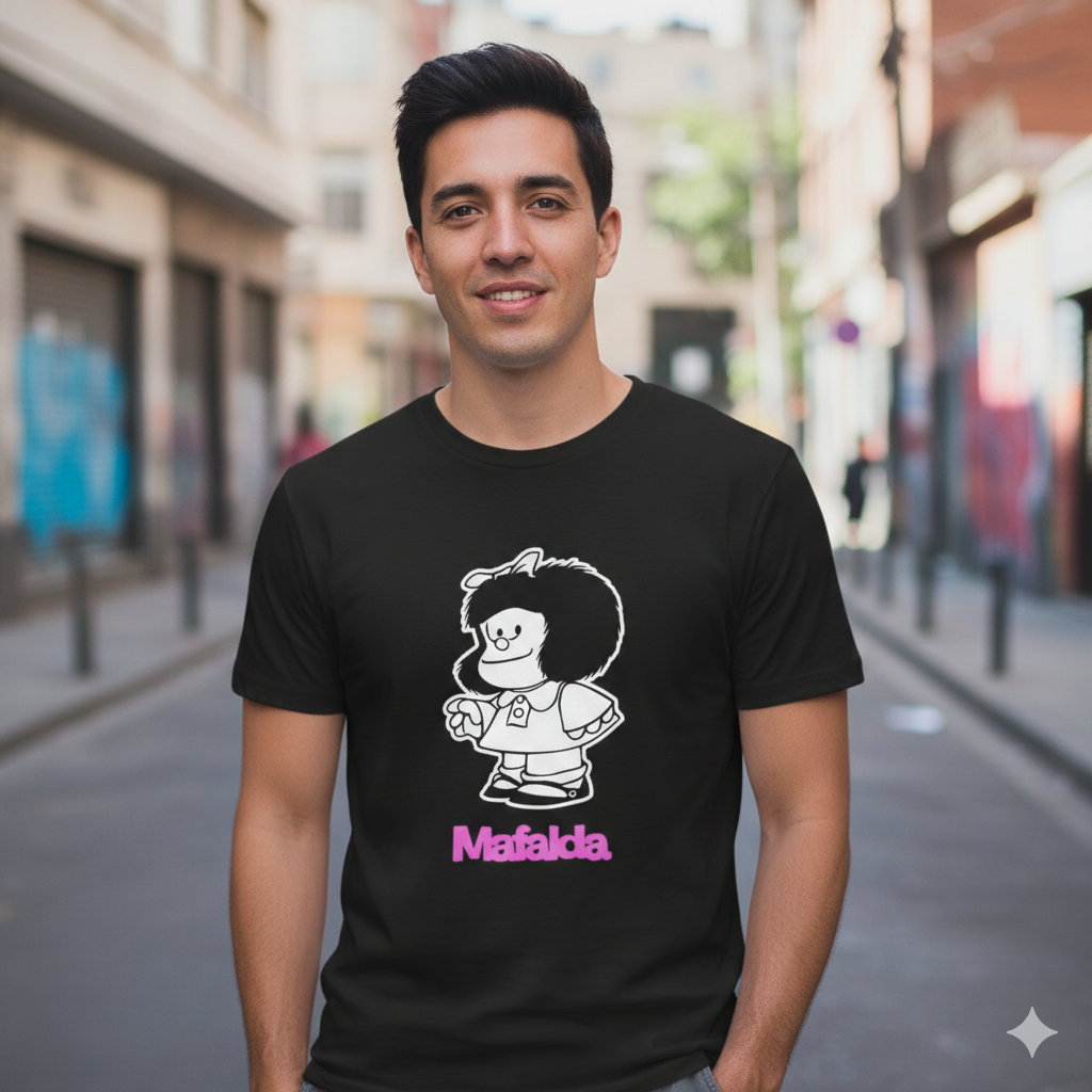 Polera Negra Mafalda en rosado Estampada 100% Algodón Estilo Vintage-3