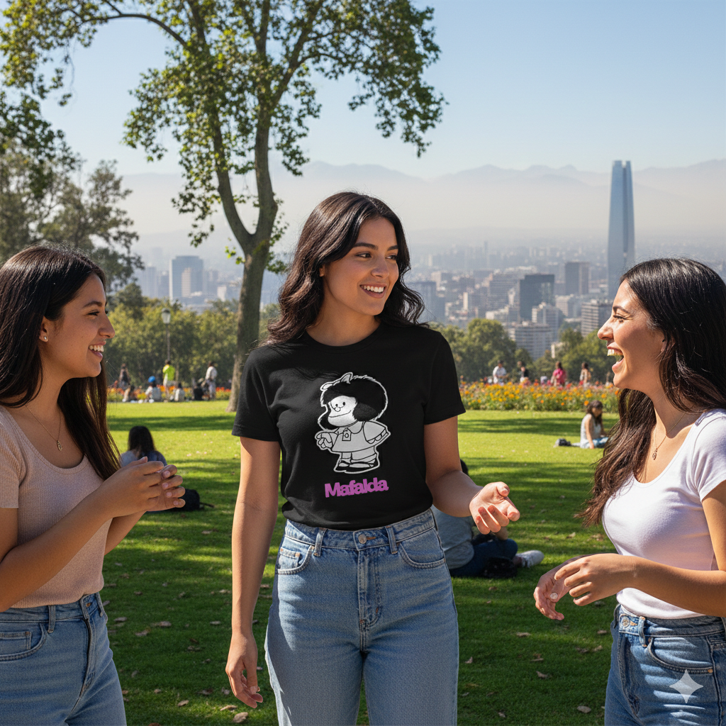 Polera Negra Mafalda en rosado Estampada 100% Algodón Estilo Vintage-4