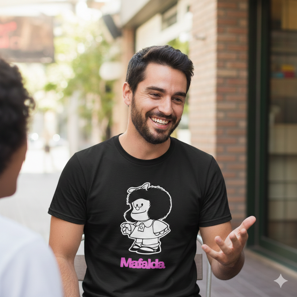 Polera Negra Mafalda en rosado Estampada 100% Algodón Estilo Vintage-5